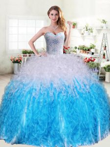 Pretty Blue And White Lace Up Sweet 16 Dresses Beading and Ruffles Sleeveless Floor Length