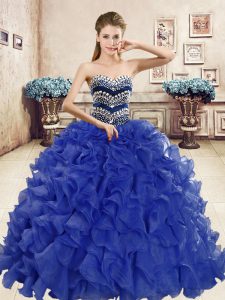 Colorful Organza Sweetheart Sleeveless Lace Up Beading and Ruffles Quinceanera Dresses in Blue