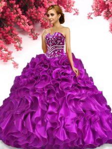 Admirable Sleeveless Organza Floor Length Lace Up Quinceanera Dresses in Fuchsia with Beading and Ruffles