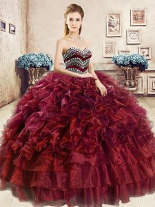 Sexy Wine Red Organza Lace Up Quinceanera Dress Sleeveless Floor Length Beading and Ruffles