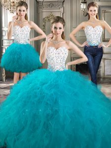 Low Price Three Piece White Lace Up Quince Ball Gowns Beading and Ruffles Sleeveless Floor Length