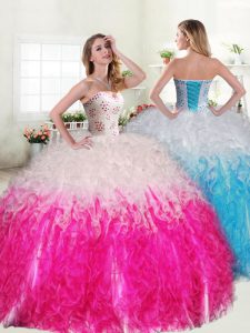 Pink And White Sweet 16 Dresses Military Ball and Sweet 16 and Quinceanera and For with Beading and Ruffles Sweetheart Sleeveless Lace Up