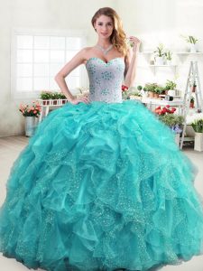 Amazing Aqua Blue Ball Gowns Organza Sweetheart Sleeveless Beading and Ruffles Floor Length Lace Up Quinceanera Dresses