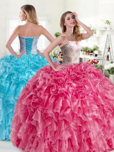 Decent Sleeveless Floor Length Beading and Ruffles Lace Up Ball Gown Prom Dress with Pink and Aqua Blue