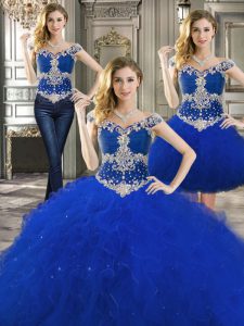 Fantastic Three Piece Royal Blue Quinceanera Dress Military Ball and Sweet 16 and Quinceanera and For with Beading and Ruffles Off The Shoulder Sleeveless Lace Up