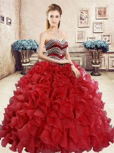 Top Selling Red Ball Gowns Sweetheart Sleeveless Organza Floor Length Lace Up Beading and Ruffles Sweet 16 Quinceanera Dress
