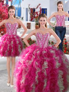 Perfect Three Piece White and Hot Pink 15 Quinceanera Dress Military Ball and Sweet 16 and Quinceanera and For with Beading Sweetheart Sleeveless Lace Up