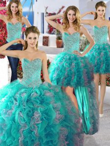 Four Piece Sleeveless Lace Up Floor Length Beading Quinceanera Dresses
