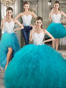 Beauteous Four Piece Sweetheart Sleeveless Quinceanera Gowns Floor Length Beading and Ruffles White and Teal Tulle