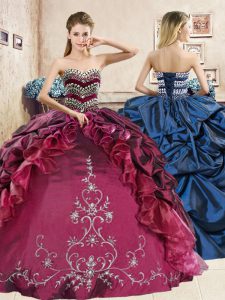 Red and Royal Blue Ball Gowns Organza and Taffeta Sweetheart Sleeveless Beading and Embroidery and Pick Ups Floor Length Lace Up 15th Birthday Dress