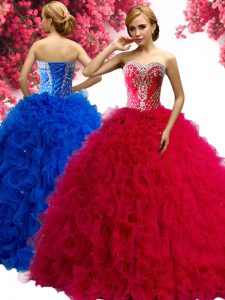 Beading and Ruffles 15 Quinceanera Dress Red Lace Up Sleeveless Floor Length
