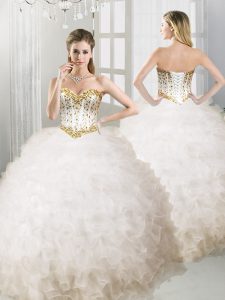 Suitable Floor Length Ball Gowns Sleeveless White Quinceanera Gowns Lace Up