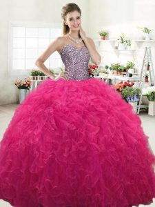 Graceful Floor Length Hot Pink Quinceanera Dresses Sweetheart Sleeveless Lace Up