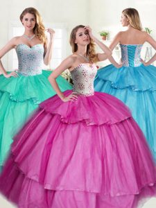 High Quality Sleeveless Lace Up Floor Length Beading and Ruffled Layers 15th Birthday Dress