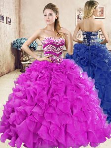 Custom Design Fuchsia Lace Up Sweetheart Beading and Ruffles Quince Ball Gowns Organza Sleeveless