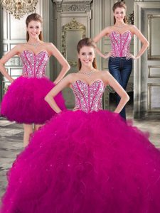 Unique Three Piece Tulle Sweetheart Sleeveless Lace Up Beading and Ruffles Sweet 16 Dresses in Fuchsia