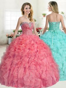 Organza Sweetheart Sleeveless Lace Up Beading and Ruffles Quinceanera Gowns in Watermelon Red