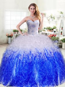 Fine Ball Gowns Quinceanera Gowns Blue And White Sweetheart Organza Sleeveless Floor Length Lace Up