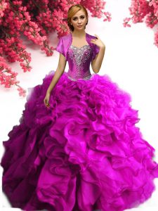 Fantastic Fuchsia Sleeveless Floor Length Beading and Ruffles Lace Up Quinceanera Dress
