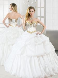 Sleeveless Taffeta Floor Length Lace Up Ball Gown Prom Dress in White with Beading and Pick Ups