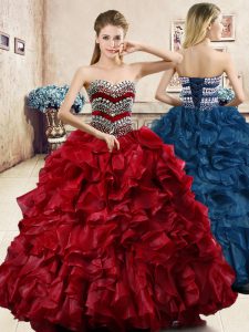 On Sale Wine Red Sleeveless Floor Length Beading and Ruffles Lace Up Sweet 16 Dresses