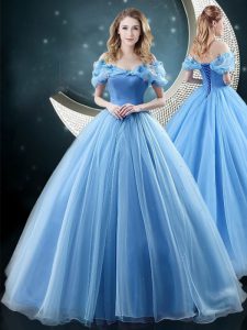 Chic Baby Blue Ball Gowns Organza Off The Shoulder Sleeveless Appliques With Train Lace Up 15th Birthday Dress Brush Train