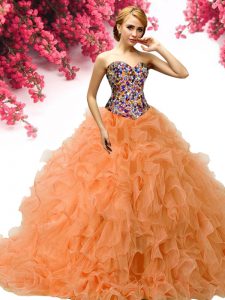 Orange Organza Lace Up Sweet 16 Dresses Sleeveless Floor Length Beading and Ruffles
