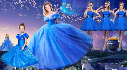 Stunning Royal Blue Lace Up Off The Shoulder Appliques and Bowknot Ball Gown Prom Dress Tulle Short Sleeves