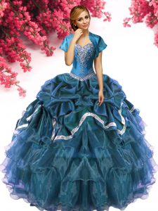 Luxurious Teal Sweetheart Lace Up Beading and Ruffles and Pick Ups Sweet 16 Dresses Sleeveless