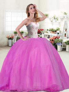 Floor Length Lace Up Sweet 16 Dress Lilac for Military Ball and Sweet 16 and Quinceanera with Beading
