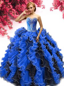 Organza Sweetheart Sleeveless Lace Up Beading and Ruffles Quinceanera Dress in Blue And Black