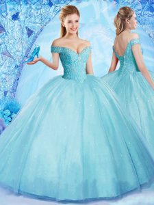 Off the Shoulder Aqua Blue Sleeveless Tulle Lace Up Quinceanera Gown for Military Ball and Sweet 16 and Quinceanera