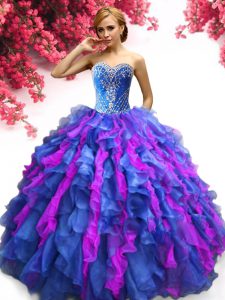 Fabulous Multi-color Organza Lace Up Quinceanera Gowns Sleeveless Floor Length Beading and Ruffles