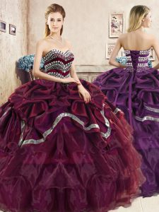 Graceful Burgundy and Purple Sleeveless Floor Length Beading and Ruffled Layers and Pick Ups Lace Up Quince Ball Gowns