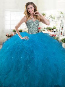 Attractive Teal Sleeveless Tulle Lace Up 15 Quinceanera Dress for Military Ball and Sweet 16 and Quinceanera