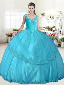 Affordable Straps Sleeveless Lace Up Quince Ball Gowns Aqua Blue Tulle