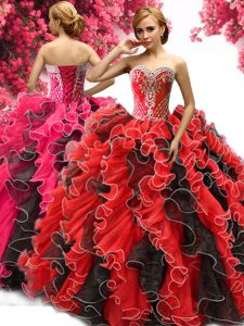 Modest Floor Length Ball Gowns Sleeveless Red And Black Sweet 16 Quinceanera Dress Lace Up