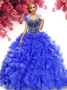 Fashionable Sleeveless Organza Floor Length Lace Up Quinceanera Dresses in Royal Blue with Beading and Ruffles