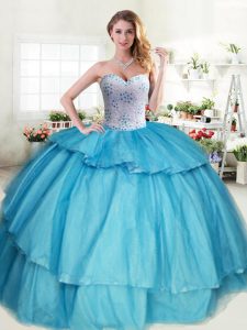 Affordable Aqua Blue Tulle Lace Up Quince Ball Gowns Sleeveless Floor Length Beading and Ruffled Layers