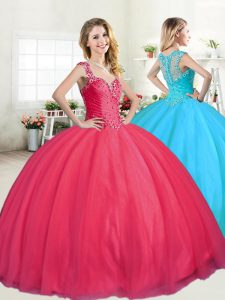 Gorgeous Straps Sleeveless Floor Length Beading Zipper 15 Quinceanera Dress with Coral Red