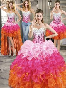 Decent Four Piece Sleeveless Floor Length Beading Lace Up 15 Quinceanera Dress with Multi-color