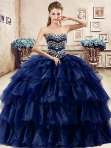 Sleeveless Floor Length Ruffled Layers Lace Up Quinceanera Dress with Navy Blue