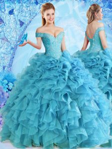 Off the Shoulder Sleeveless Floor Length Beading and Ruffles Lace Up Sweet 16 Dress with Baby Blue