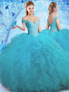 Luxurious Off the Shoulder Beading and Ruffles Quinceanera Dresses Teal Lace Up Sleeveless Floor Length