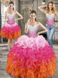 Three Piece Multi-color Sleeveless Organza Lace Up 15th Birthday Dress for Military Ball and Sweet 16 and Quinceanera
