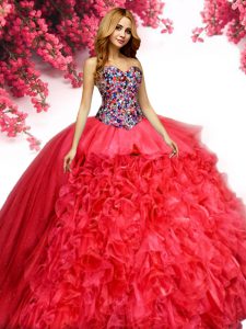 Modest Red Organza Lace Up Quinceanera Gowns Sleeveless Floor Length Beading and Ruffles