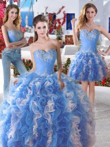 Glamorous Three Piece Organza Sweetheart Sleeveless Lace Up Beading Sweet 16 Quinceanera Dress in Blue And White