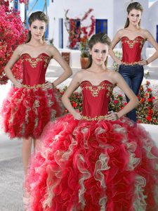 Three Piece Beading Quinceanera Dress Red Lace Up Sleeveless Floor Length