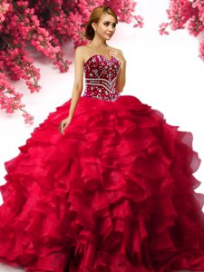 Floor Length Lace Up 15 Quinceanera Dress Red for Military Ball and Sweet 16 and Quinceanera with Beading and Ruffles