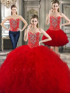 Three Piece Sweetheart Sleeveless Tulle Vestidos de Quinceanera Beading and Ruffles Lace Up